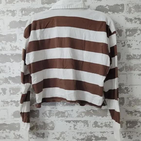 Hollister Womens Size Medium Striped Crop Top Long-Sleeve Collared Polo Brown - Picture 3 of 4